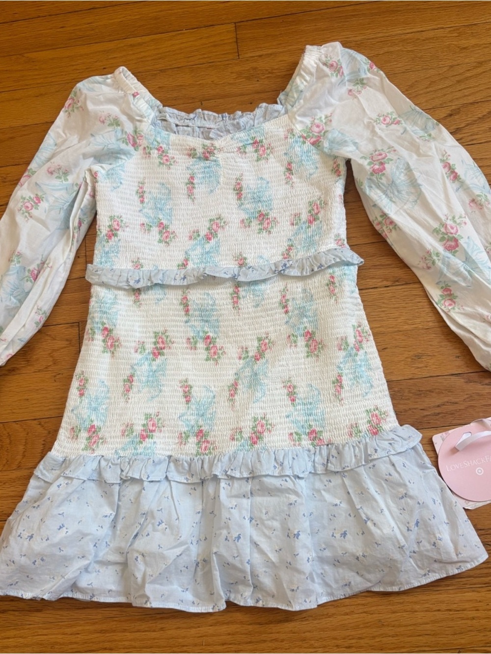 LoveShackFancy Girls' Smocked Floral Top in White, Light Blue & Pink